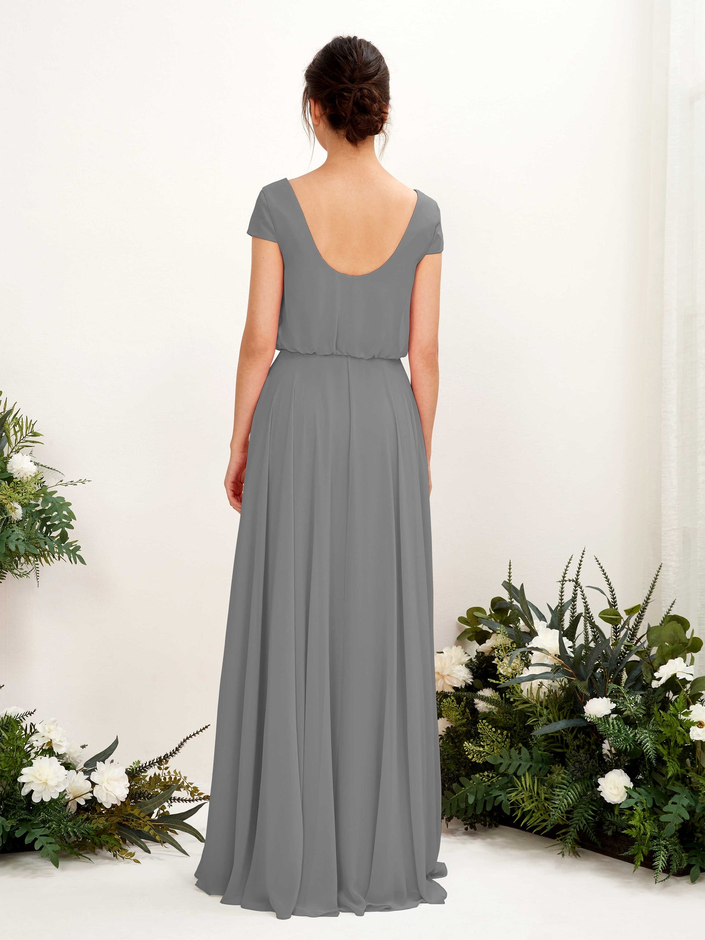 Carlyna Robe trapèze col V mancherons longueur ras du sol demoiselle d'honneur Gris Acier #couleur_gris-acier