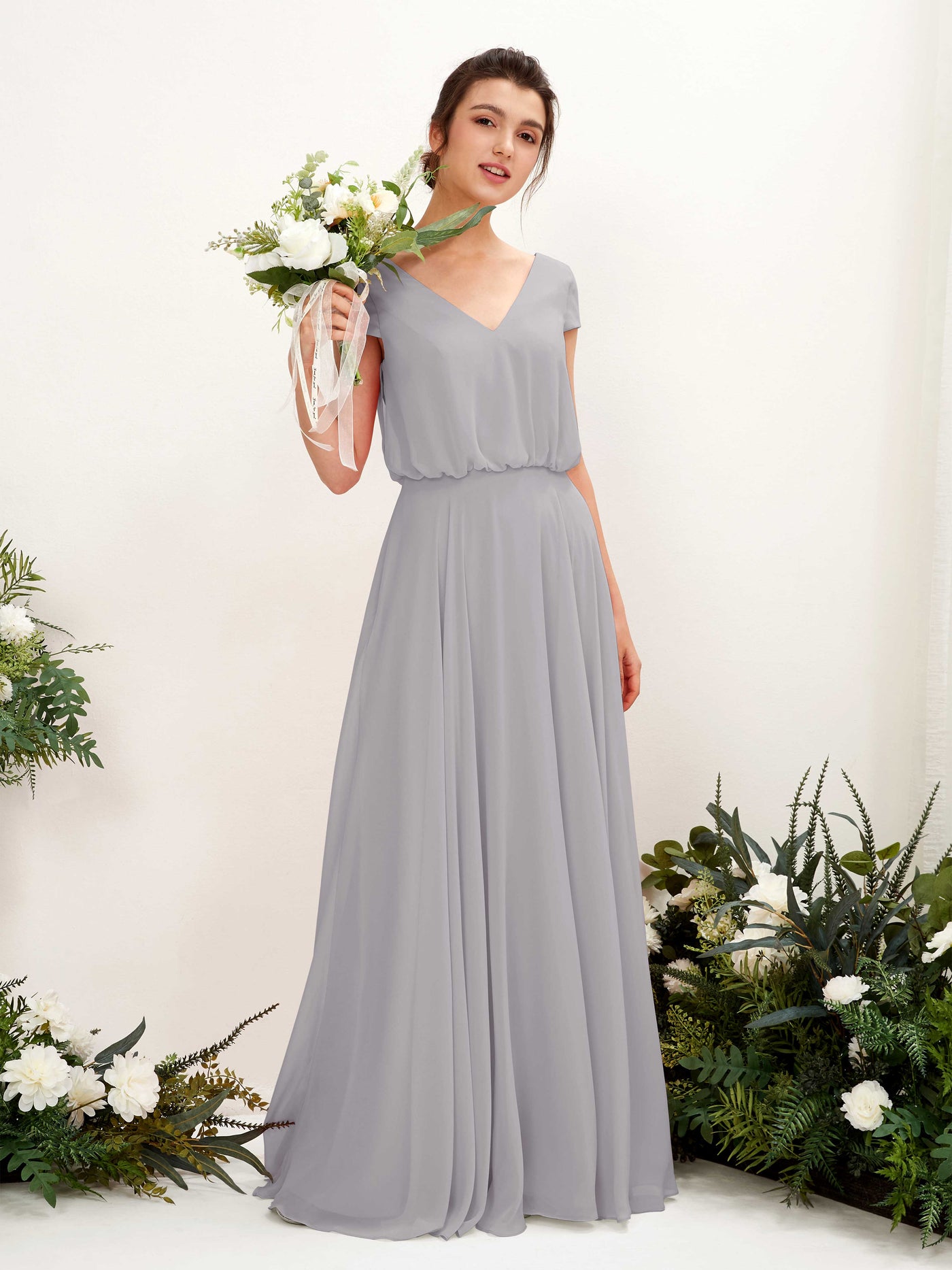 Carlyna Robe trapèze col V mancherons longueur ras du sol demoiselle d'honneur Gris Boussole #couleur_gris-boussole