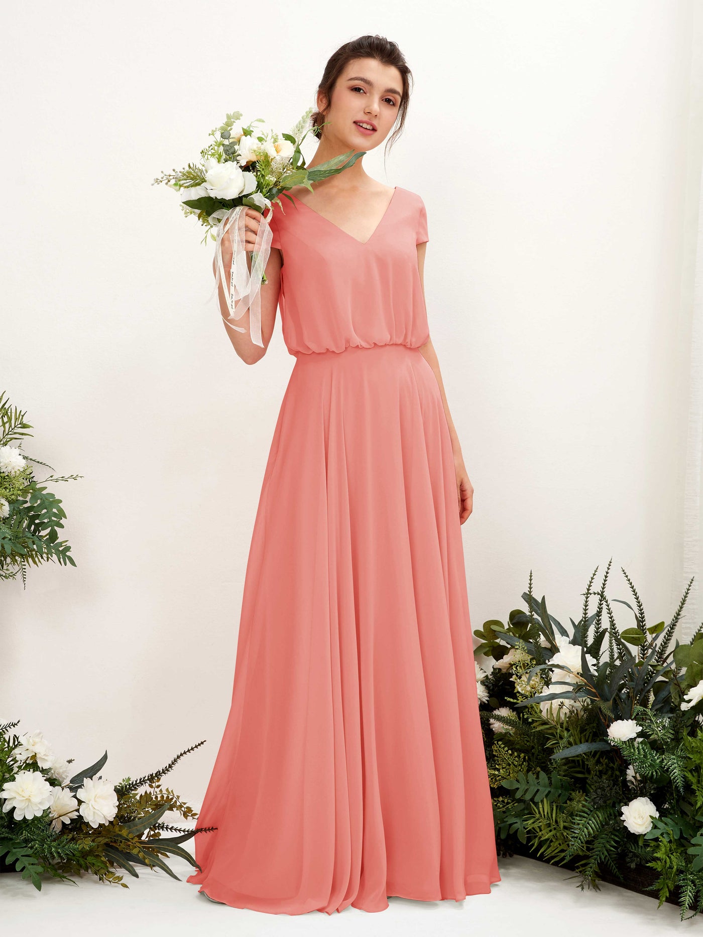 Carlyna Robe trapèze col V mancherons longueur ras du sol demoiselle d'honneur Rose Pêche #couleur_rose-p-che