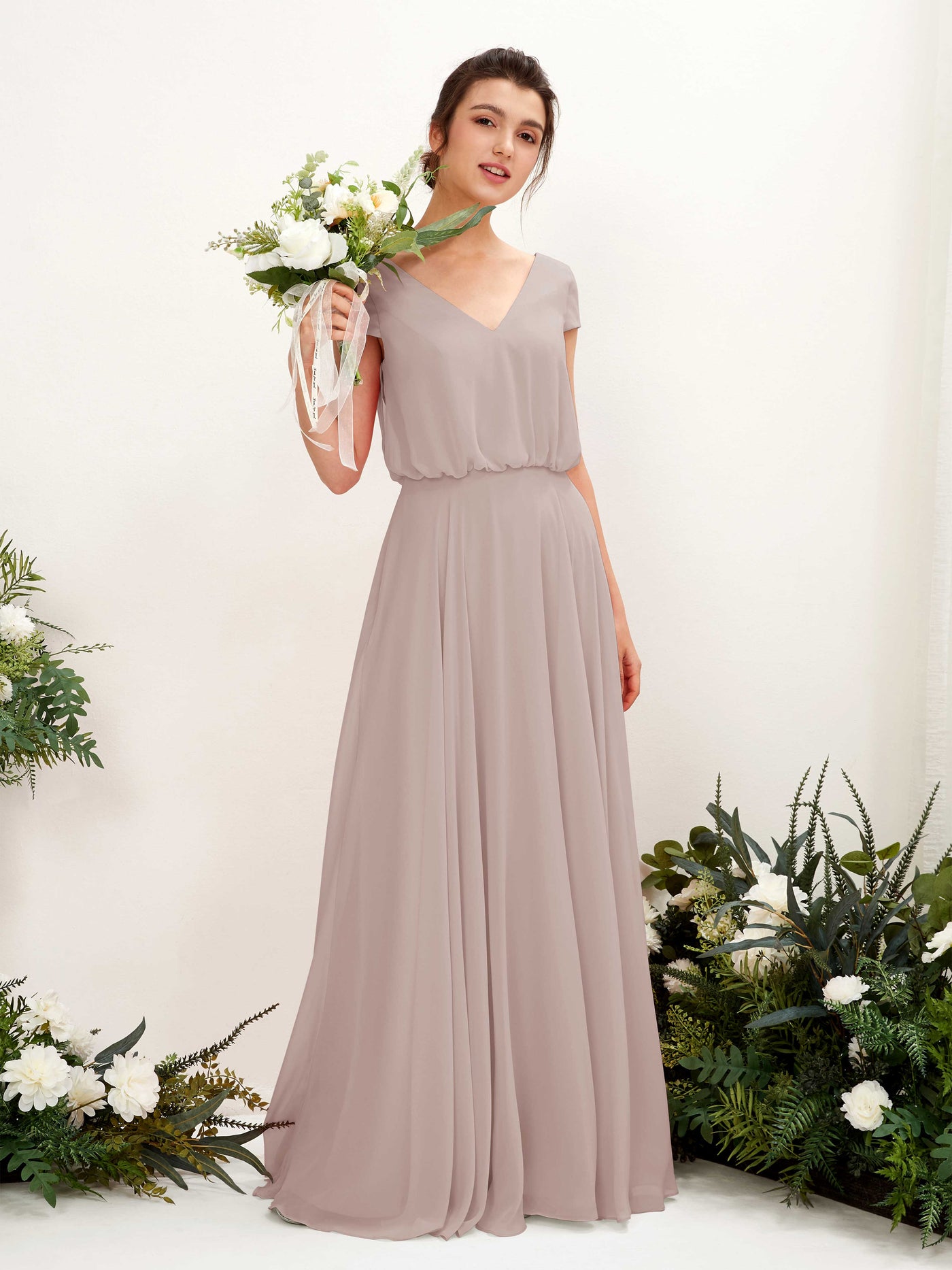 Carlyna Robe trapèze col V mancherons longueur ras du sol demoiselle d'honneur Taupe #couleur_taupe