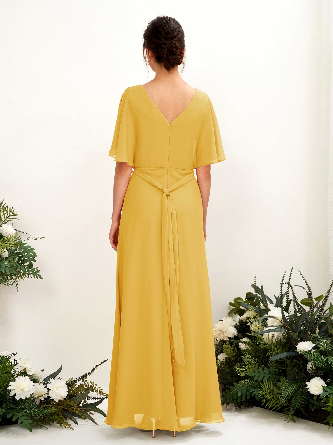 Carlyna Robe Trapèze Col V Manches Cape Longueur ras du sol Demoiselle d'honneur Jaune Moutard #couleur_jaune-moutard