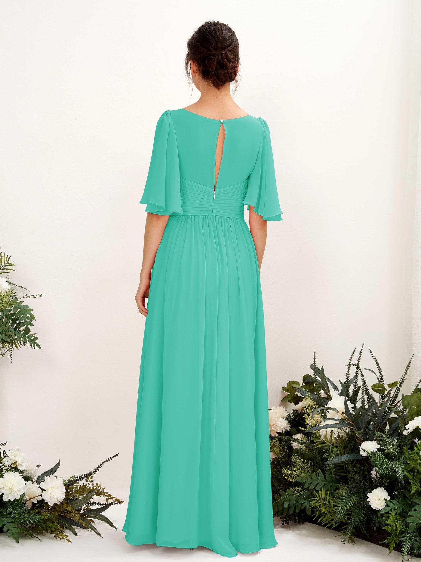 Carlyna Robe trapèze col V manches courtes longueur ras du sol en mousseline Bleu Tiffany #couleur_bleu-tiffany