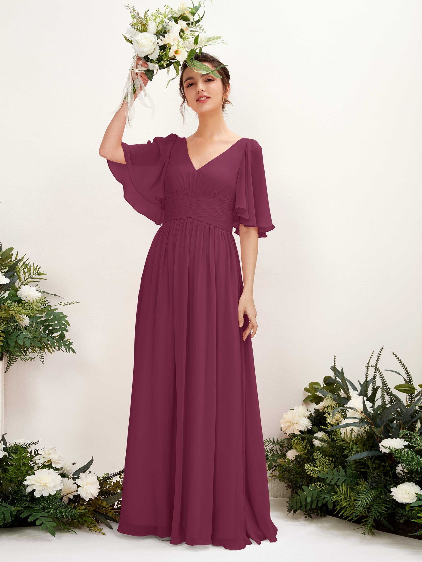 Carlyna Robe trapèze col V manches courtes longueur ras du sol en mousseline Chianti #couleur_chianti