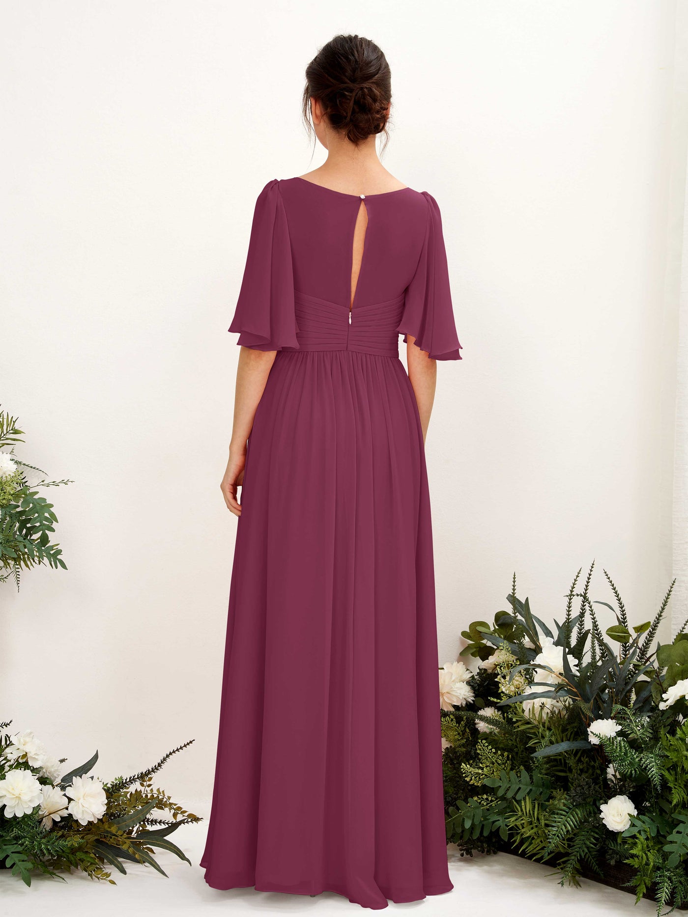Carlyna Robe trapèze col V manches courtes longueur ras du sol en mousseline Chianti #couleur_chianti