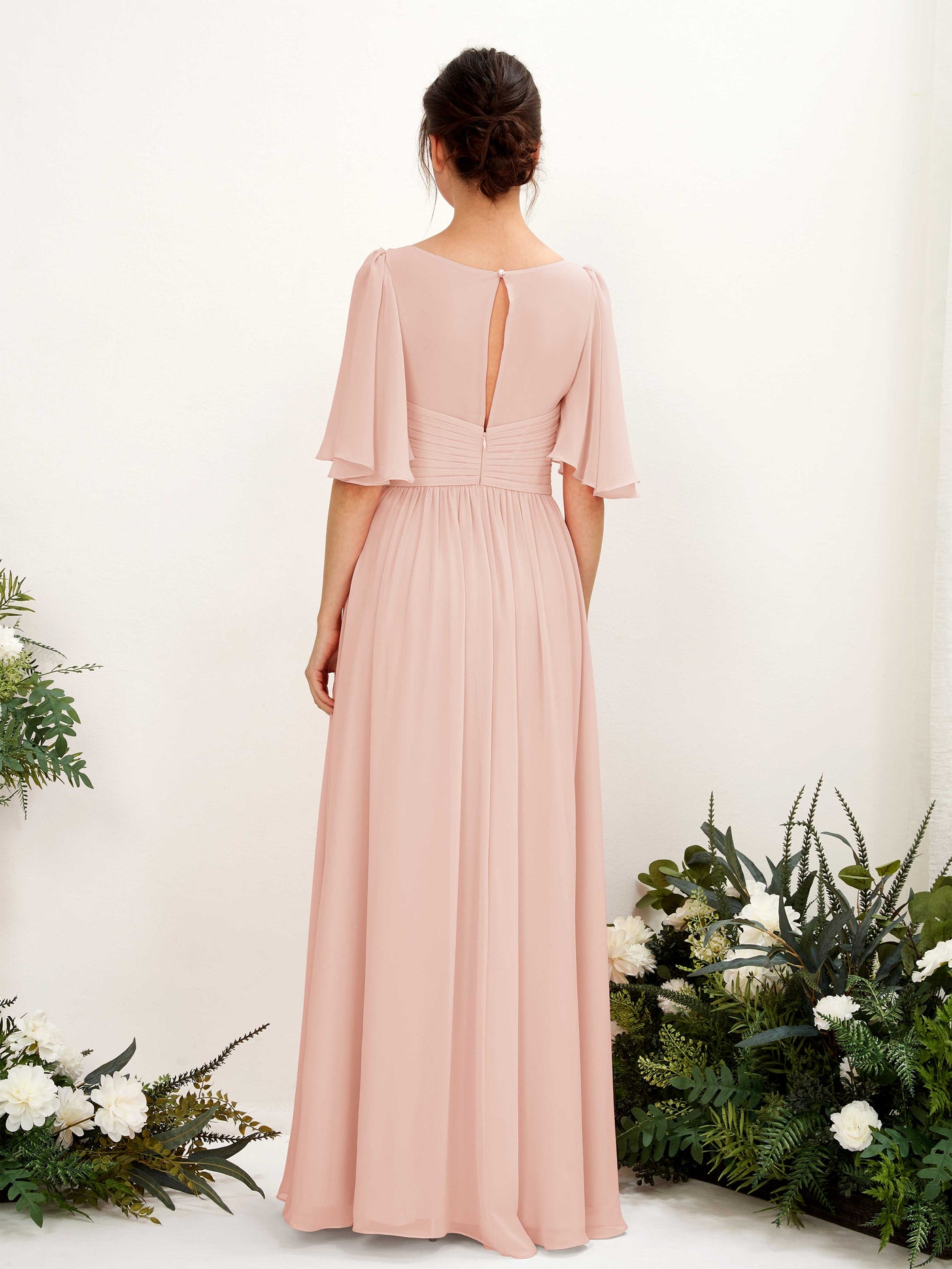 Carlyna Robe trapèze col V manches courtes longueur ras du sol en mousseline Rose Perle #couleur_rose-perle