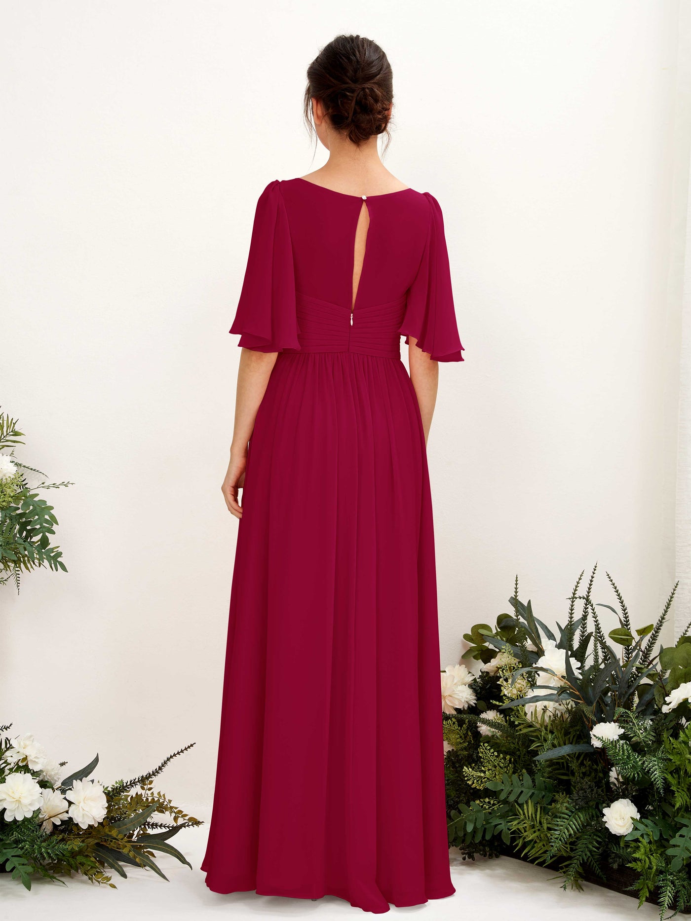 Carlyna Robe trapèze col V manches courtes longueur ras du sol en mousseline Rouge Bouffon #couleur_rouge-bouffon