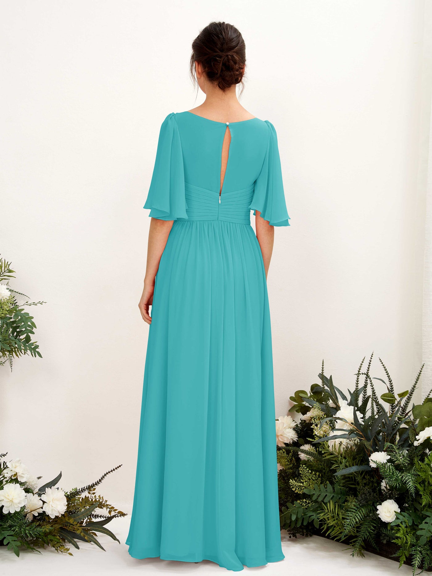 Carlyna Robe trapèze col V manches courtes longueur ras du sol en mousseline Turquoise #couleur_turquoise