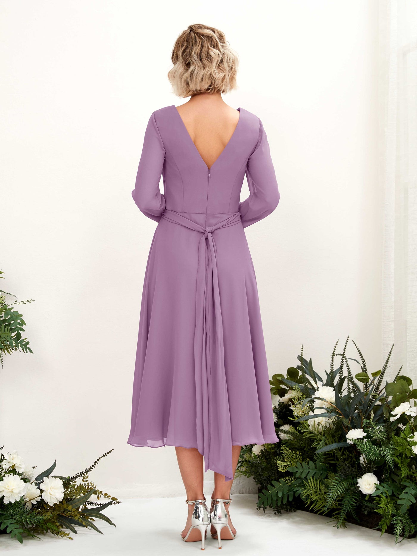 Carlyna Robe trapèze Col V Manches longues Longueur mollet Robe de demoiselle d'honneur Brume Orchidée #couleur_brume-orchid-e