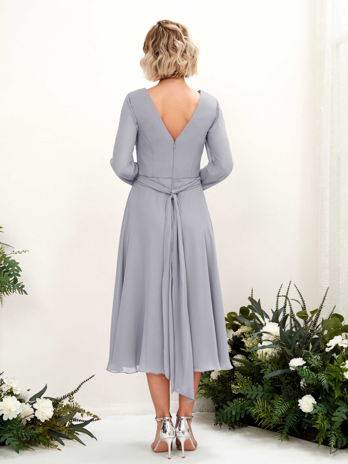 Carlyna Robe trapèze Col V Manches longues Longueur mollet Robe de demoiselle d'honneur Lavande Poudrée #couleur_lavande-poudr-e