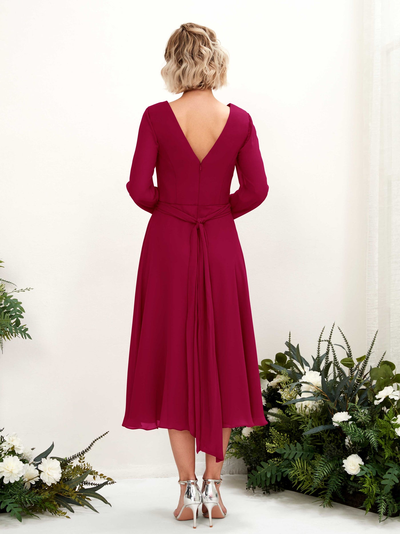 Carlyna Robe trapèze Col V Manches longues Longueur mollet Robe de demoiselle d'honneur Rouge Bouffon #couleur_rouge-bouffon