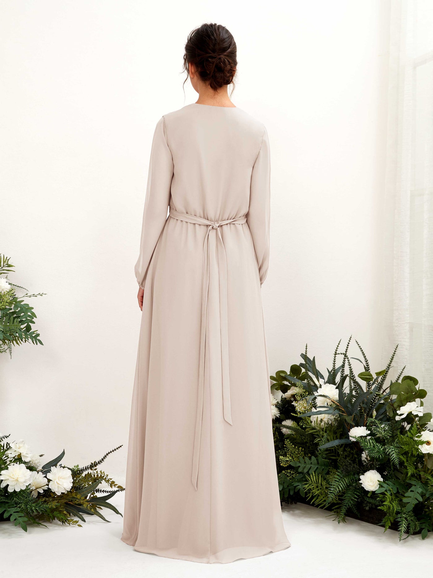 Carlyna Robe trapèze col V manches longues longueur ras du sol demoiselle d'honneur Champagne #couleur_champagne