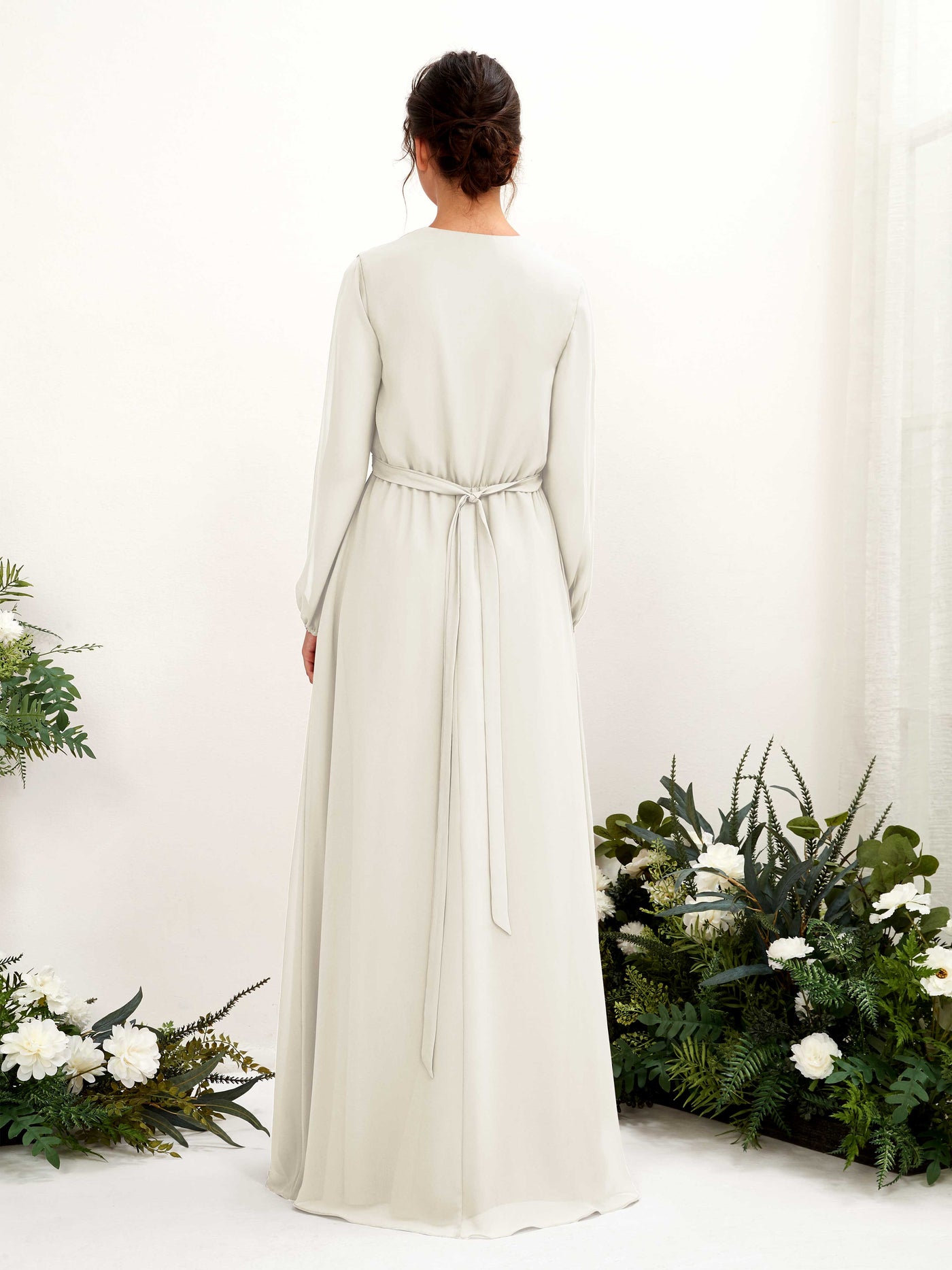 Carlyna Robe trapèze col V manches longues longueur ras du sol demoiselle d'honneur Ivoire #couleur_ivoire