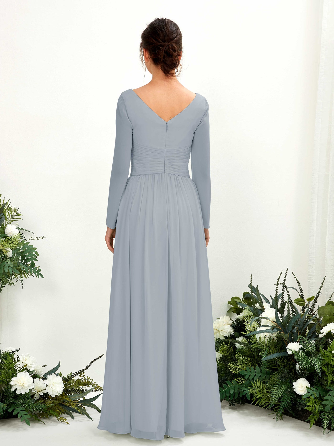Carlyna Robe trapèze Col V Manches longues longueur sol demoiselle d'honneur Bleu Poussiéreux Amélioré #couleur_bleu-poussi-reux-am-lior