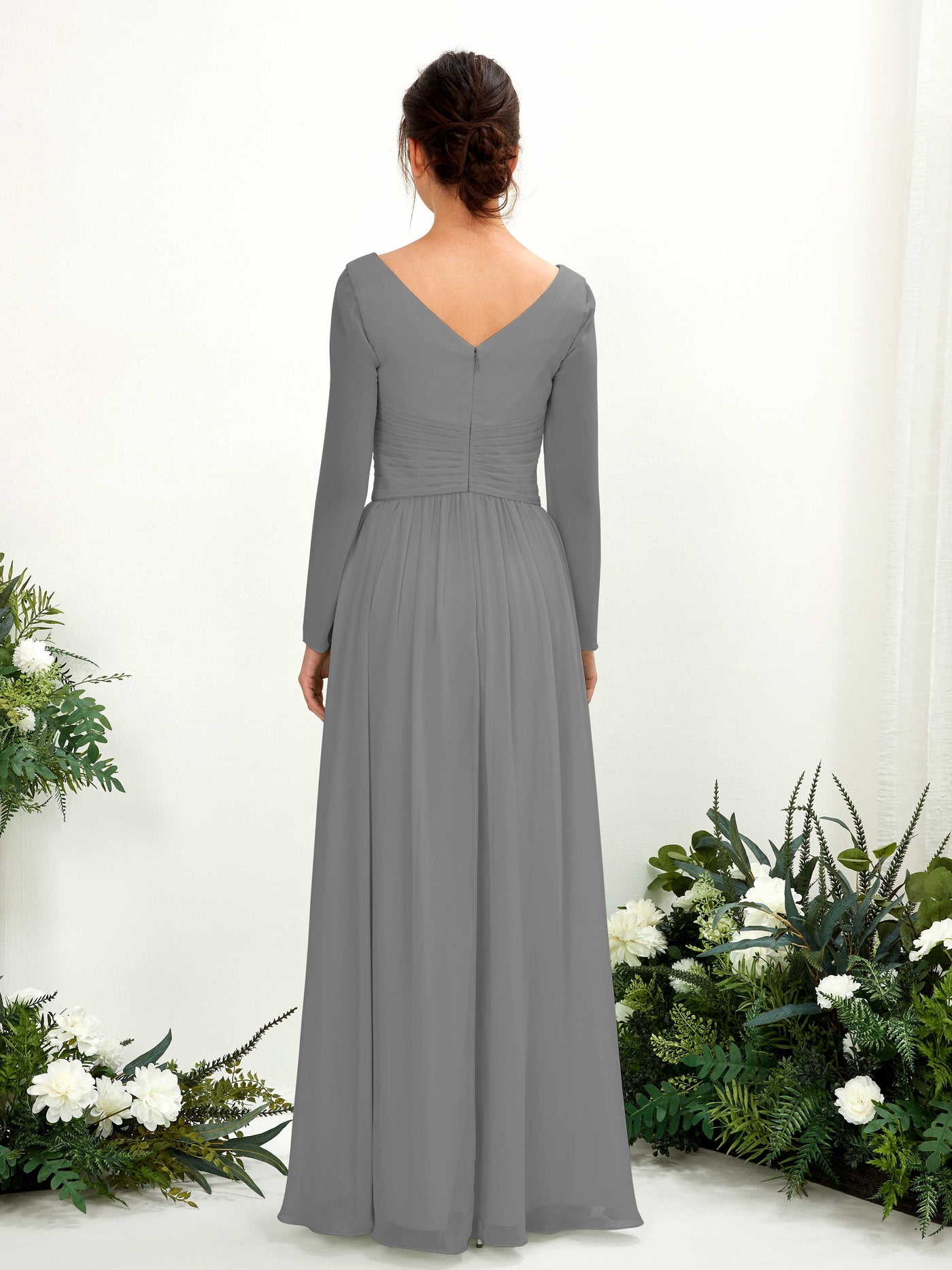 Carlyna Robe trapèze Col V Manches longues longueur sol demoiselle d'honneur Gris Acier #couleur_gris-acier
