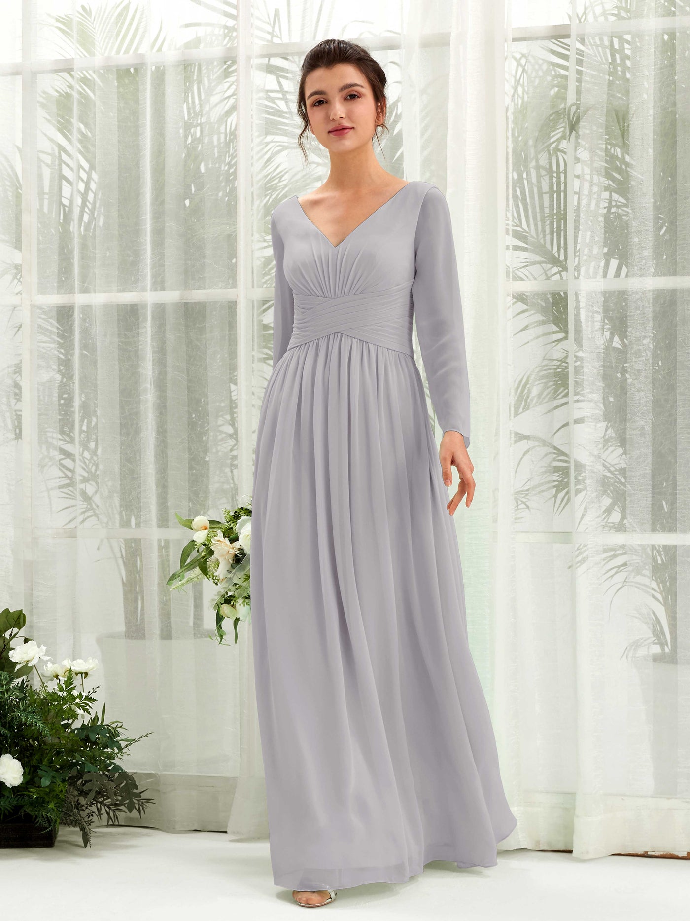 Carlyna Robe trapèze Col V Manches longues longueur sol demoiselle d'honneur Gris Boussole #couleur_gris-boussole