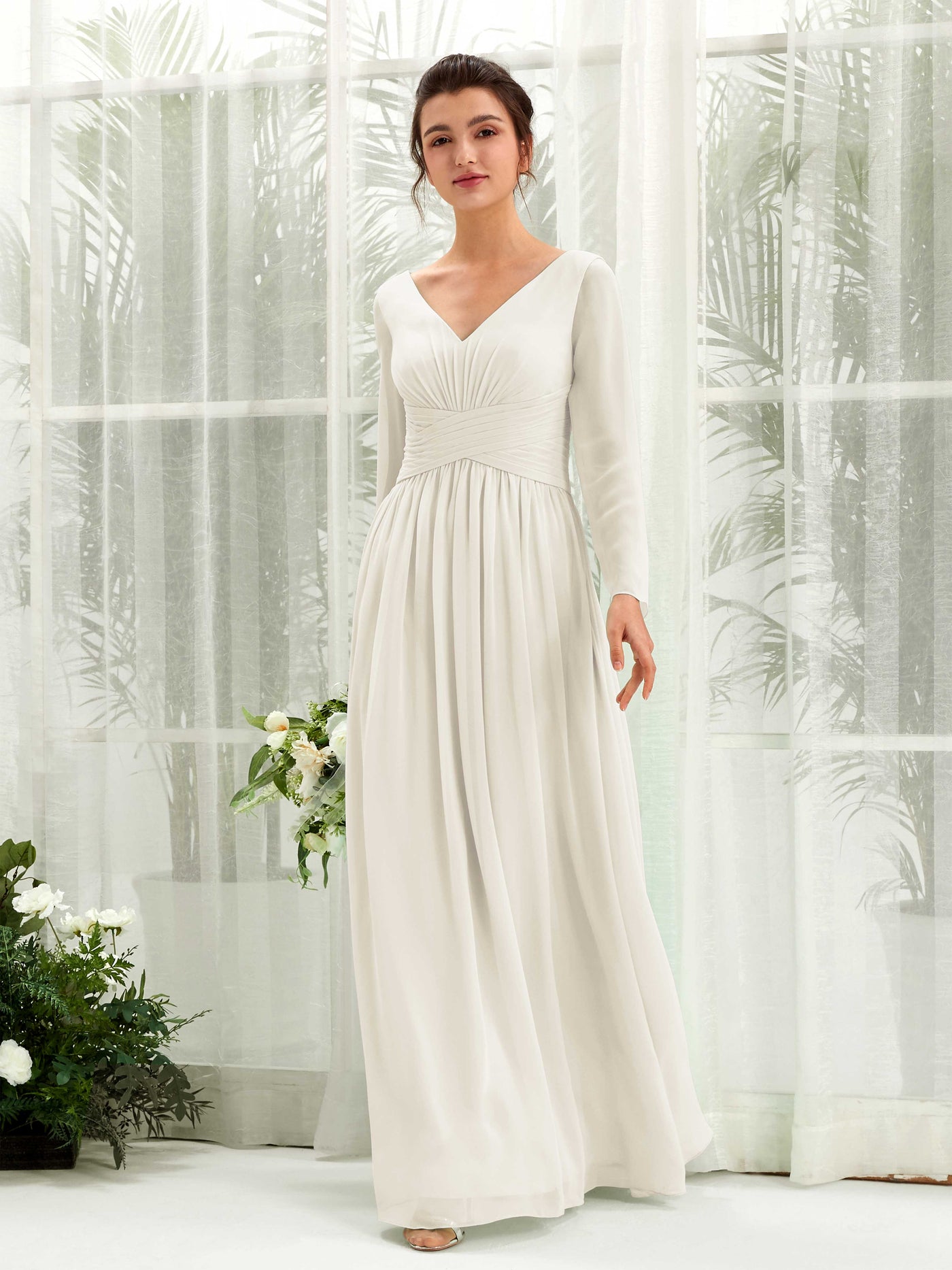 Carlyna Robe trapèze Col V Manches longues longueur sol demoiselle d'honneur Ivoire #couleur_ivoire