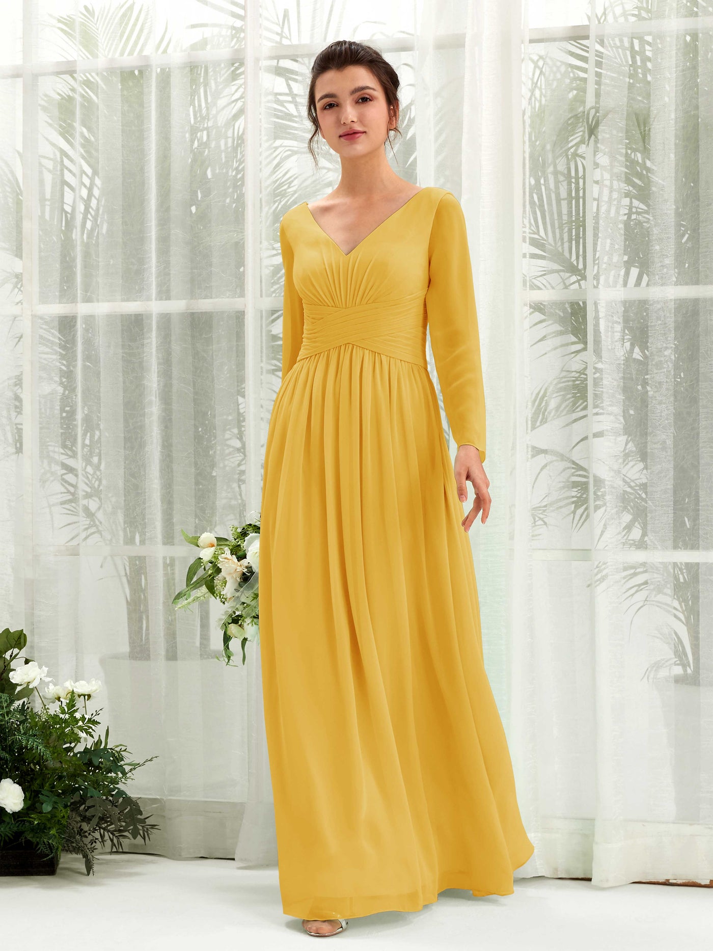 Carlyna Robe trapèze Col V Manches longues longueur sol demoiselle d'honneur Jaune Moutard #couleur_jaune-moutard