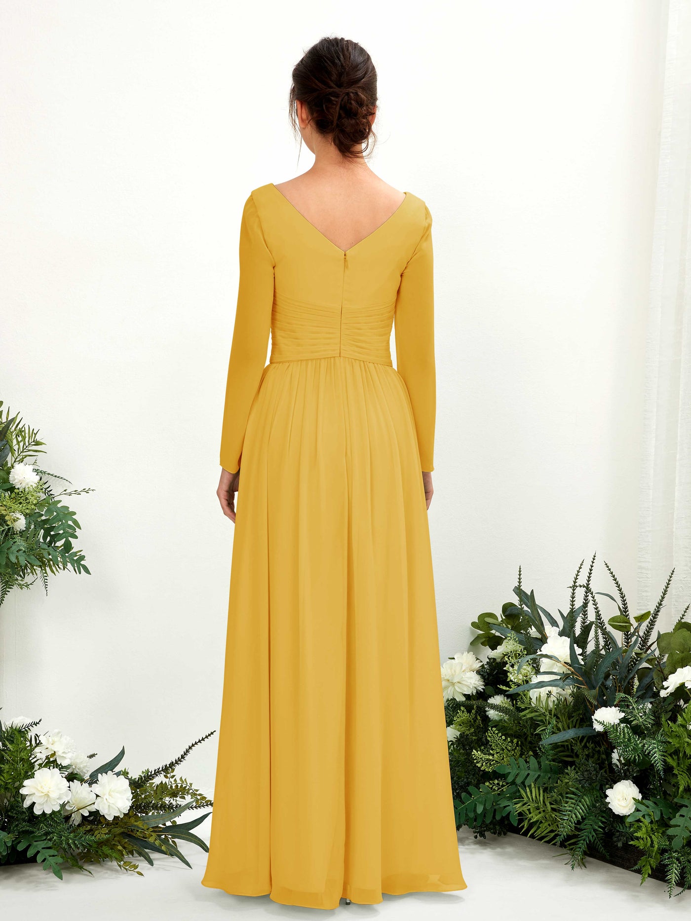 Carlyna Robe trapèze Col V Manches longues longueur sol demoiselle d'honneur Jaune Moutard #couleur_jaune-moutard