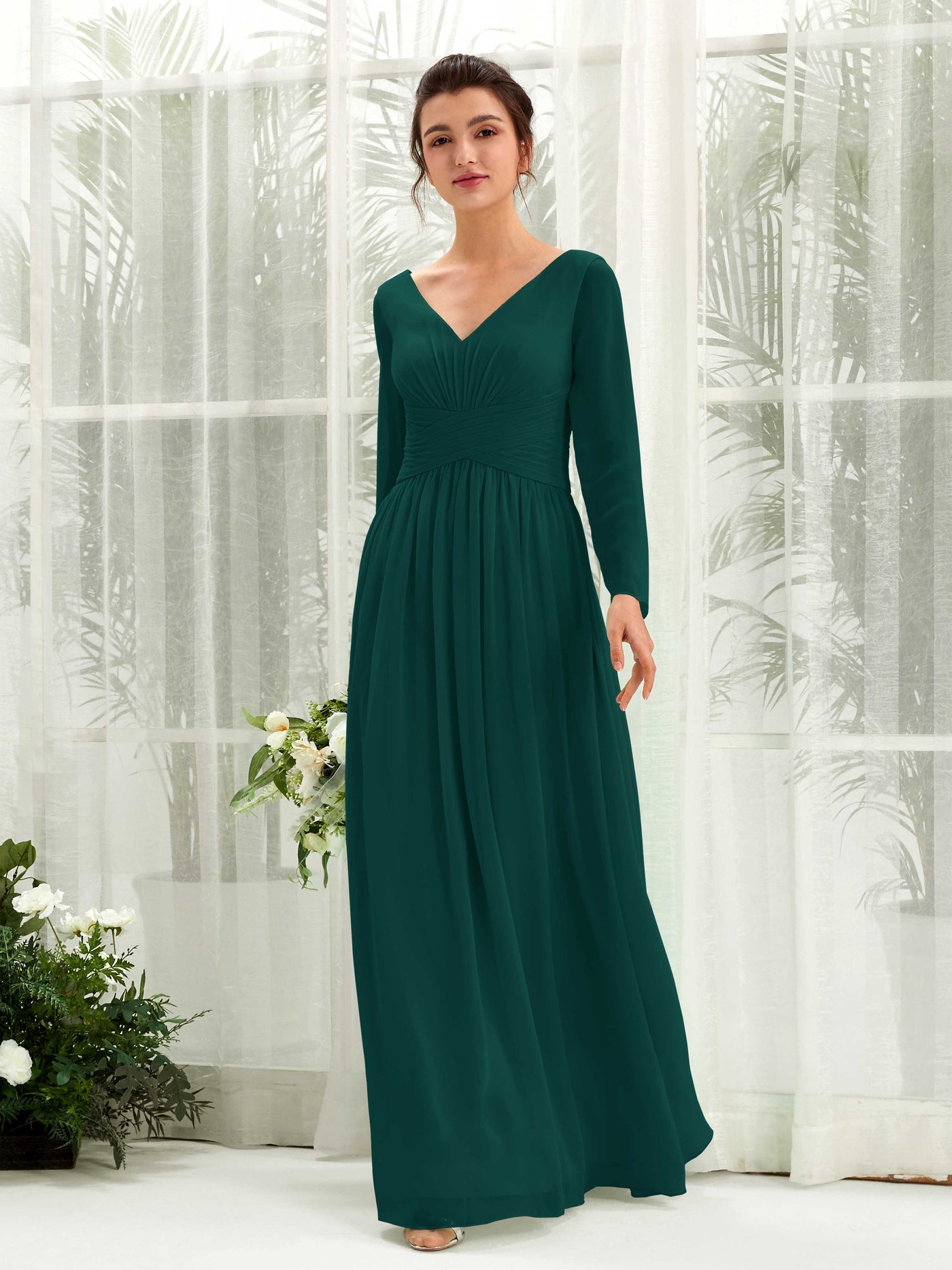 Carlyna Robe trapèze Col V Manches longues longueur sol demoiselle d'honneur Émeraude Foncé #couleur_meraude-fonc