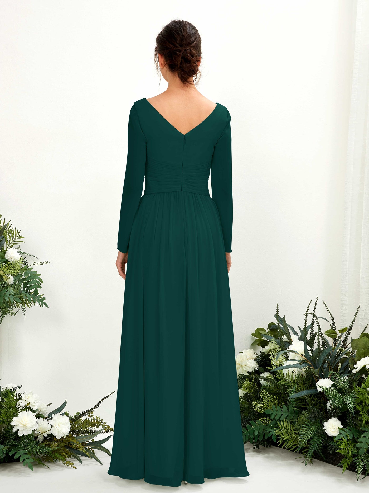 Carlyna Robe trapèze Col V Manches longues longueur sol demoiselle d'honneur Émeraude Foncé #couleur_meraude-fonc