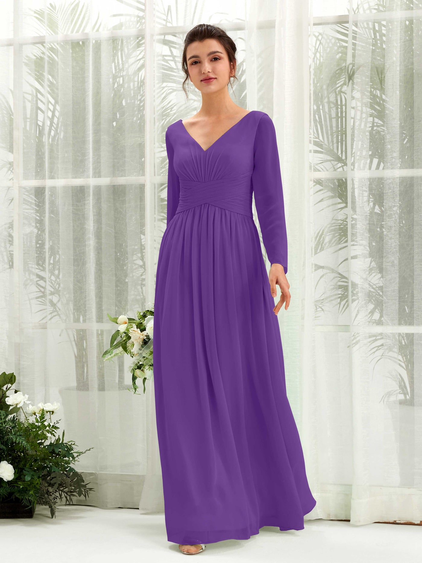 Carlyna Robe trapèze Col V Manches longues longueur sol demoiselle d'honneur Régence #couleur_r-gence