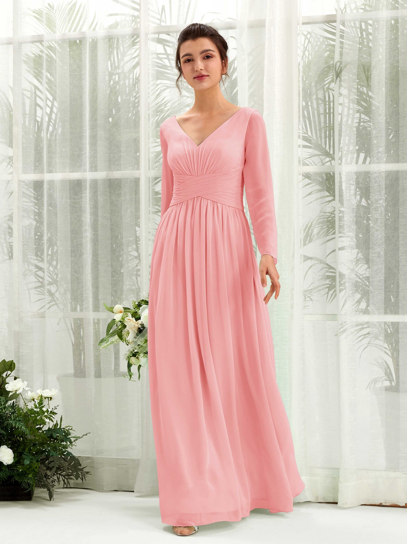 Carlyna Robe trapèze Col V Manches longues longueur sol demoiselle d'honneur Rose Ballet #couleur_rose-ballet