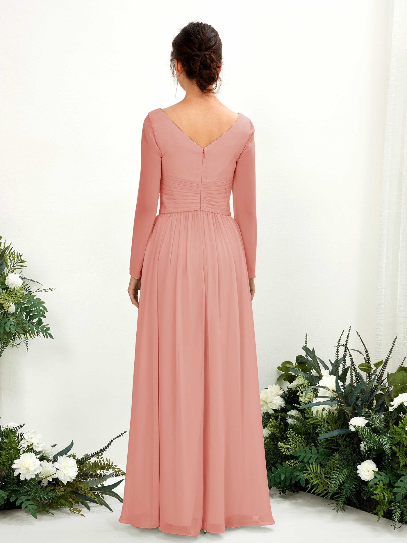 Carlyna Robe trapèze Col V Manches longues longueur sol demoiselle d'honneur Rose Champagne #couleur_rose-champagne