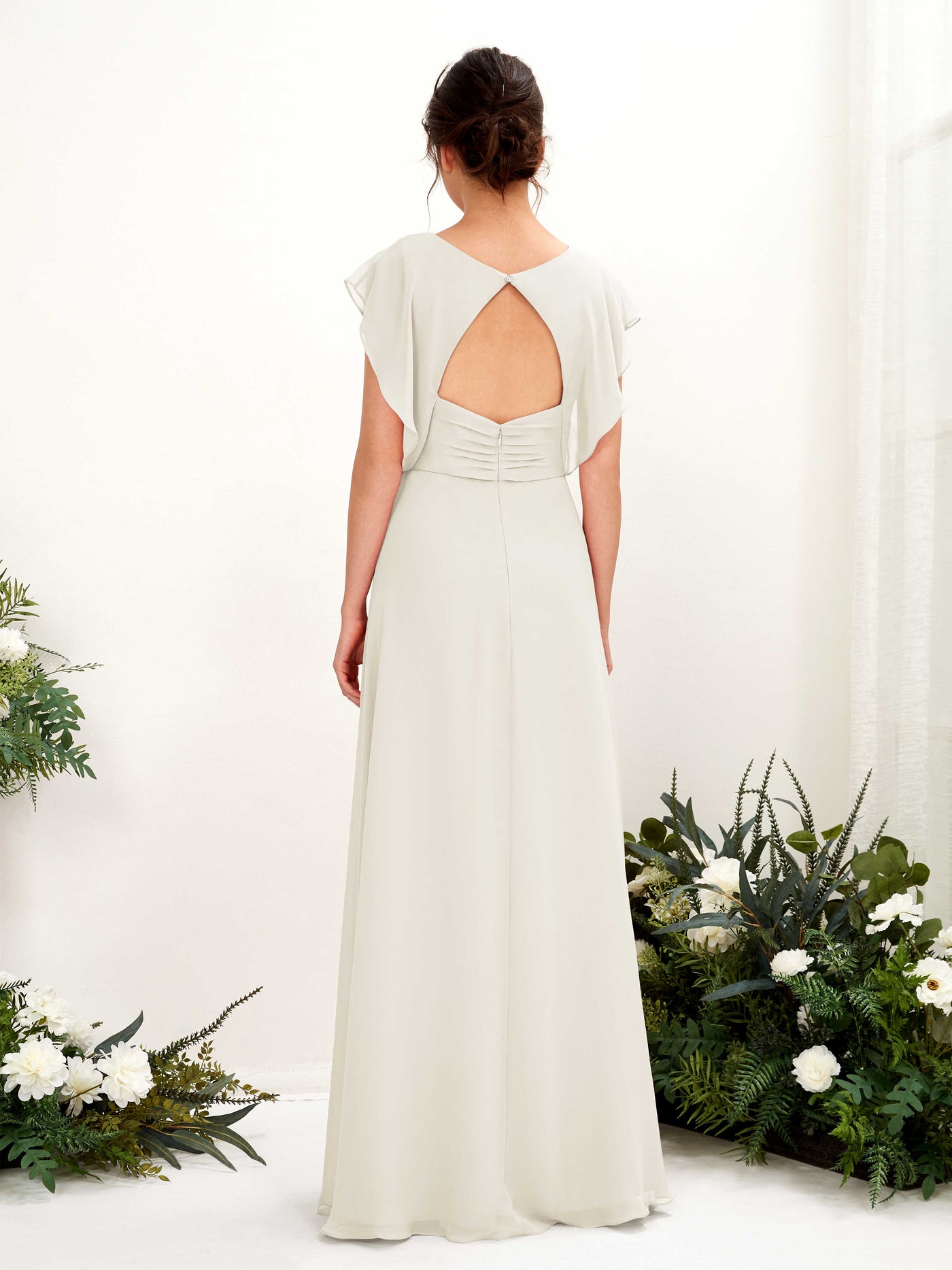 Carlyna Robe trapèze col V manches papillon longueur au sol demoiselle d'honneur Ivoire #couleur_ivoire