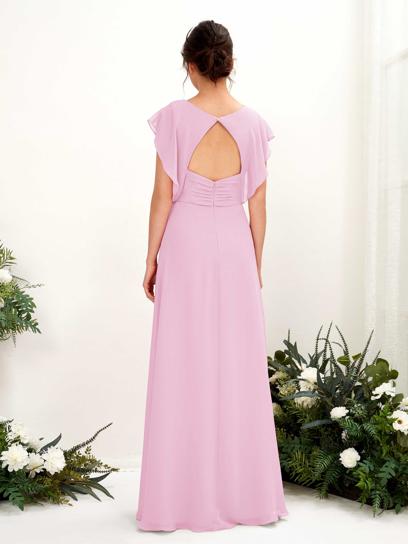 Carlyna Robe trapèze col V manches papillon longueur au sol demoiselle d'honneur Rose Bonbon #couleur_rose-bonbon