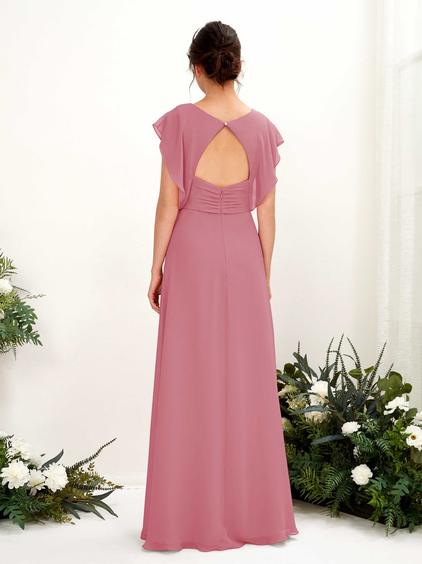 Carlyna Robe trapèze col V manches papillon longueur au sol demoiselle d'honneur Rose Du Désert #couleur_rose-du-d-sert