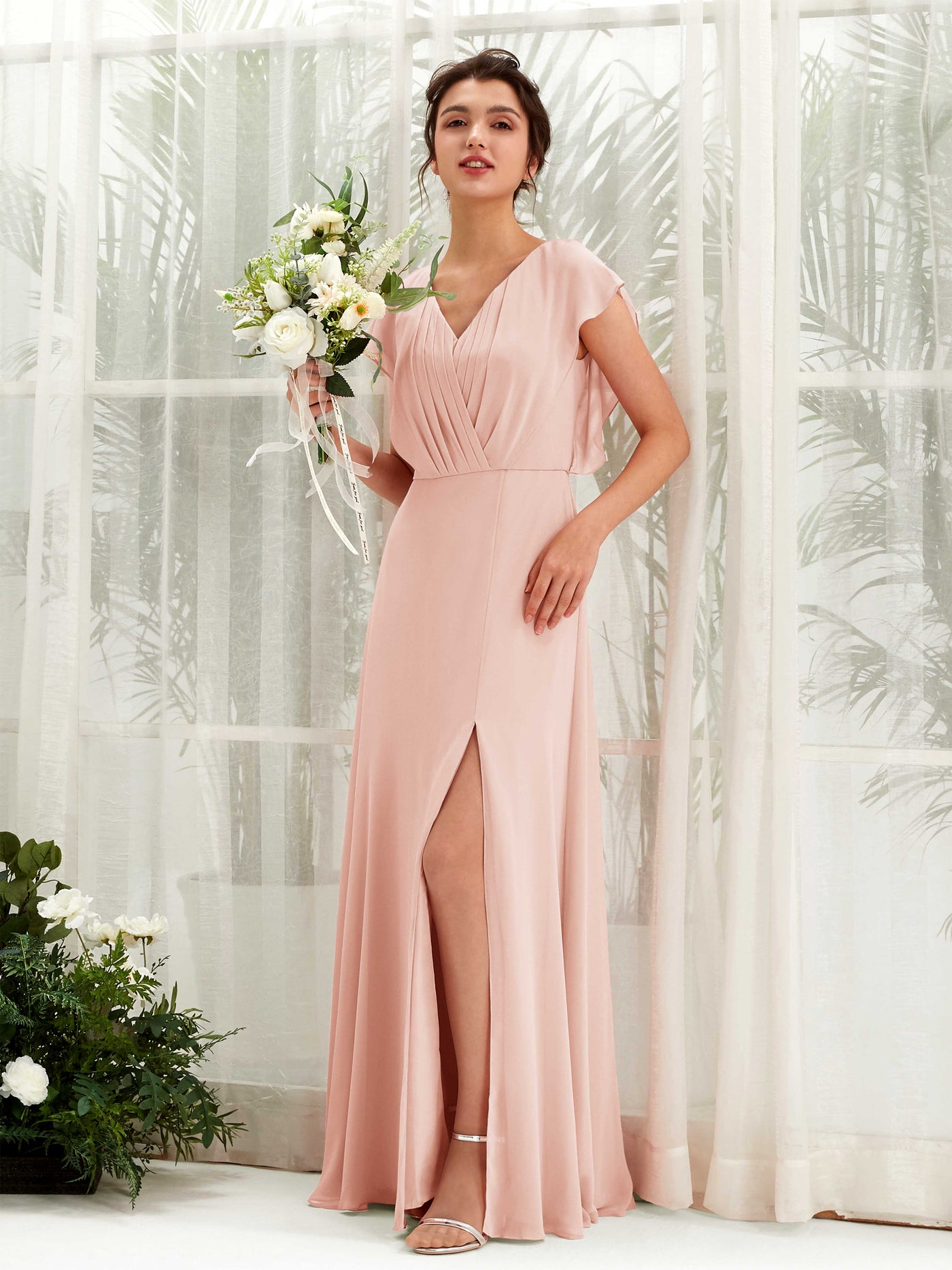 Carlyna Robe trapèze col V manches papillon longueur au sol demoiselle d'honneur Rose Perle #couleur_rose-perle