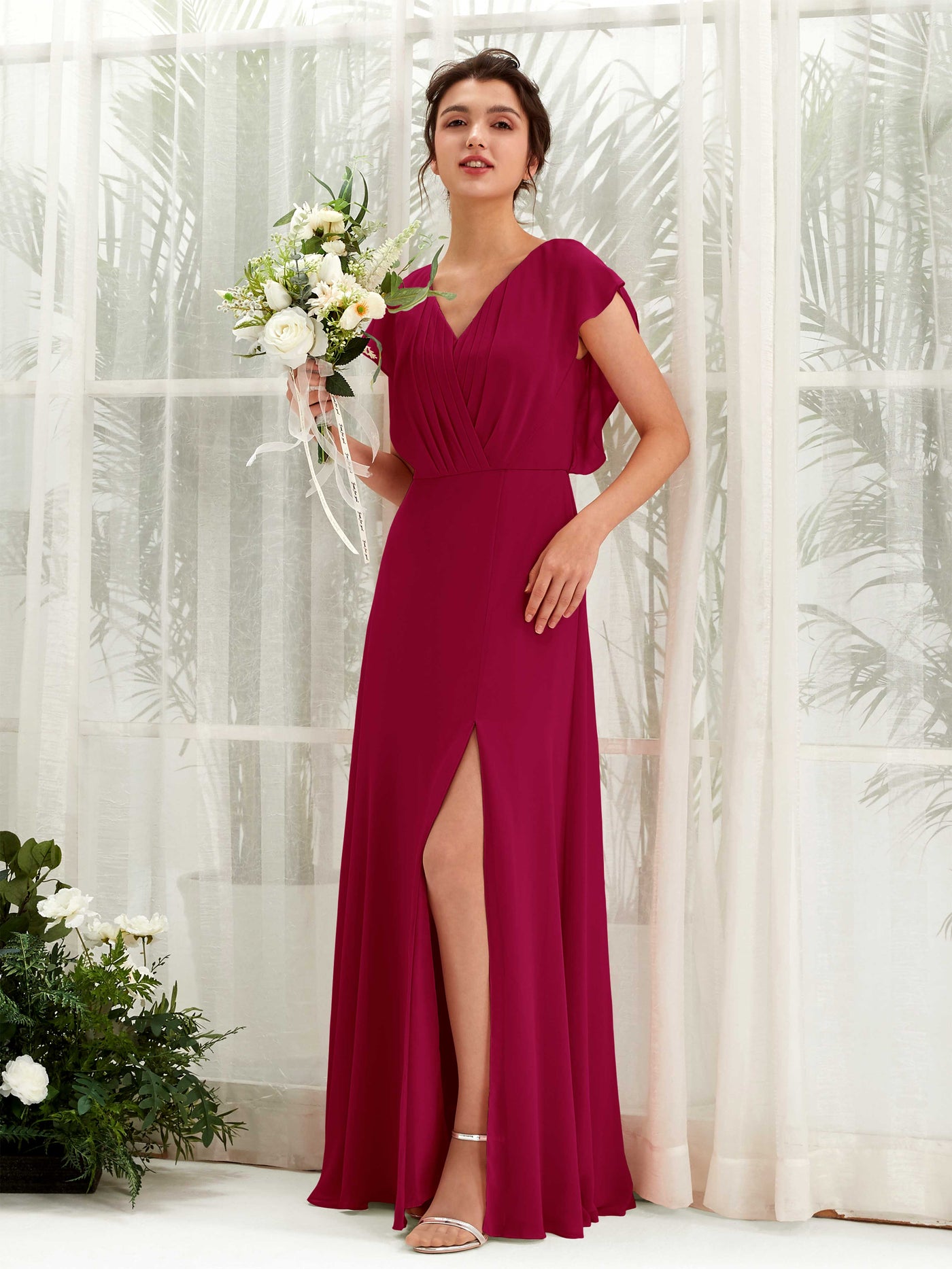 Carlyna Robe trapèze col V manches papillon longueur au sol demoiselle d'honneur Rouge Bouffon #couleur_rouge-bouffon