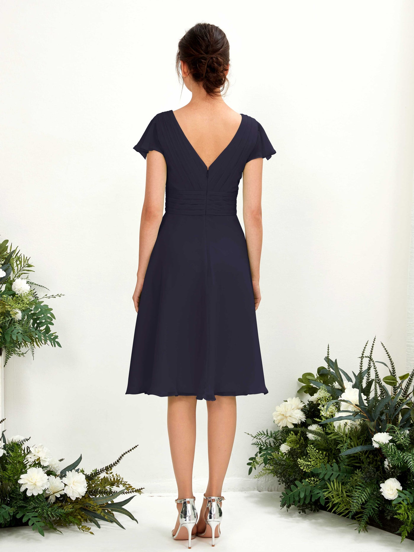 Carlyna Robe trapèze col V manches papillon longueur genou mousseline Bleu Marine Foncé #couleur_bleu-marine-fonc