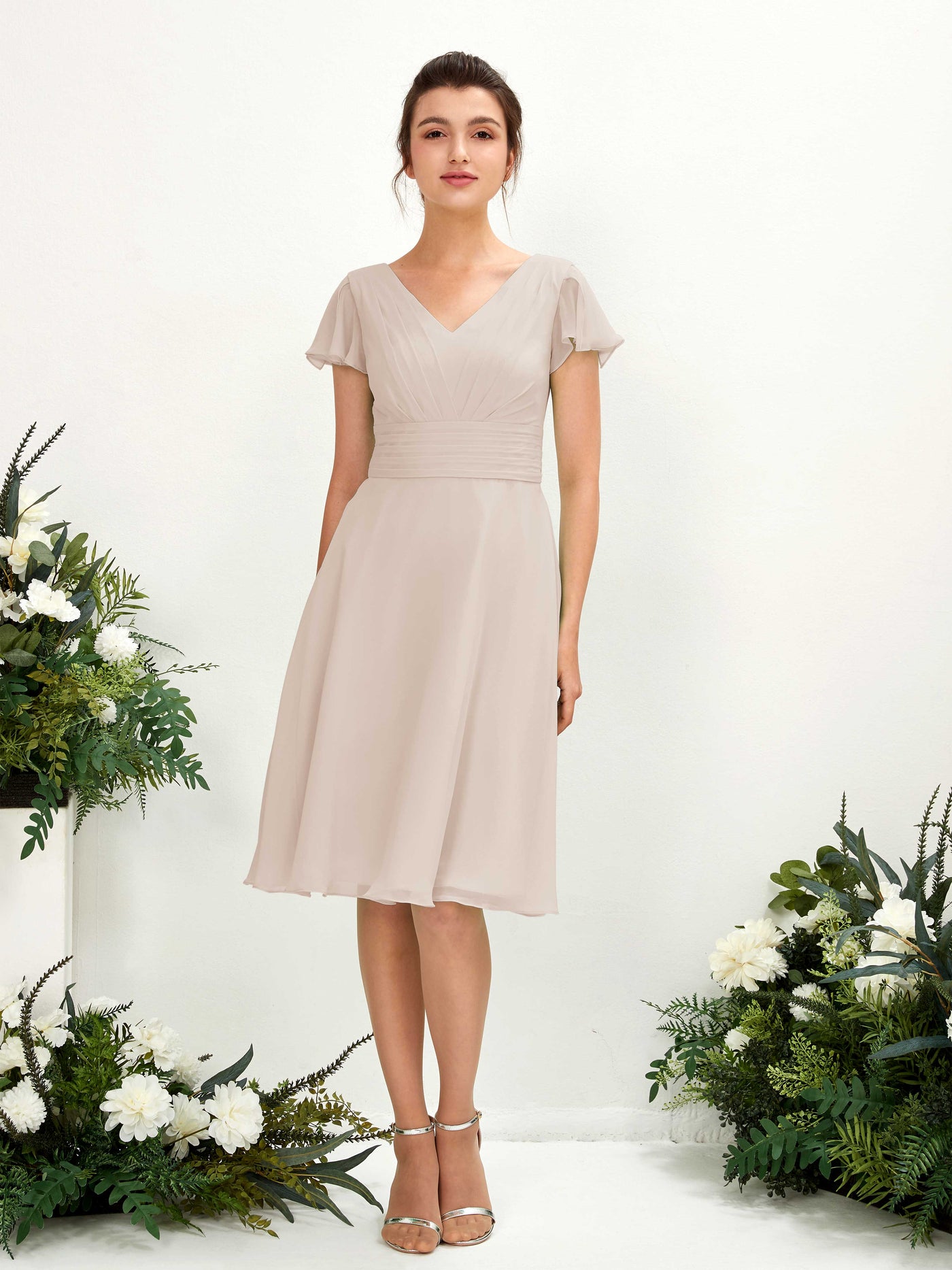 Carlyna Robe trapèze col V manches papillon longueur genou mousseline Champagne #couleur_champagne