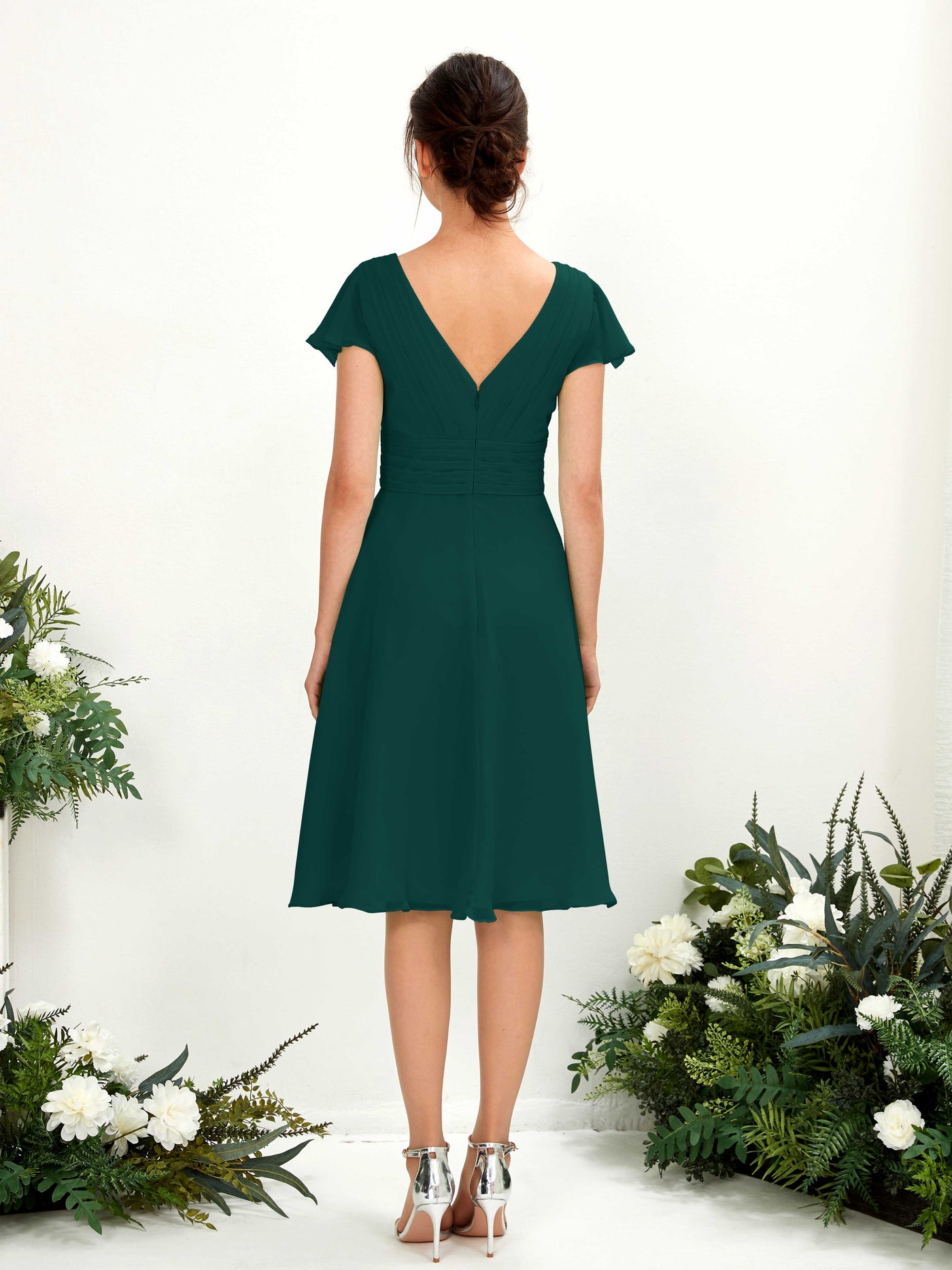 Carlyna Robe trapèze col V manches papillon longueur genou mousseline Émeraude Foncé #couleur_meraude-fonc