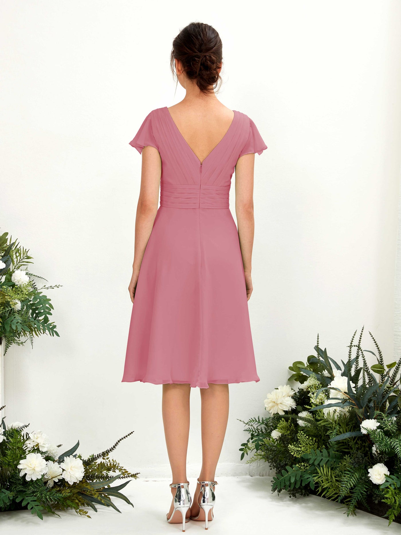 Carlyna Robe trapèze col V manches papillon longueur genou mousseline Rose Du Désert #couleur_rose-du-d-sert