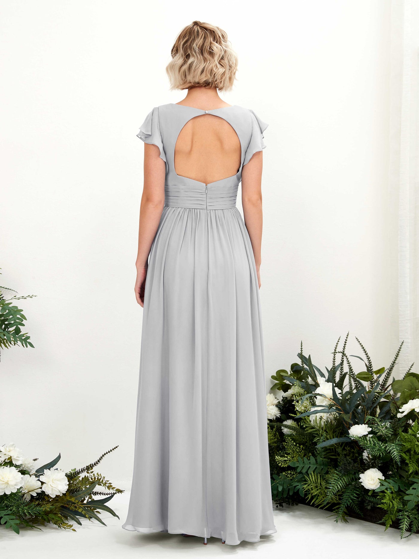 Carlyna Robe Trapèze Col V Manches papillon Longueur ras du sol Demoiselle d'honneur Argent #couleur_argent