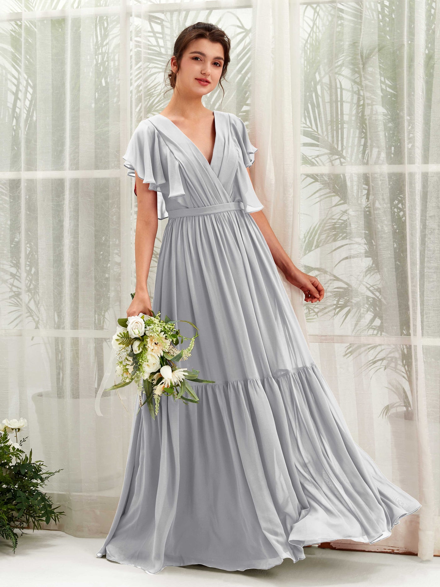 Carlyna Robe trapèze col V manches papillon longueur ras du sol demoiselle d'honneur Argent #couleur_argent
