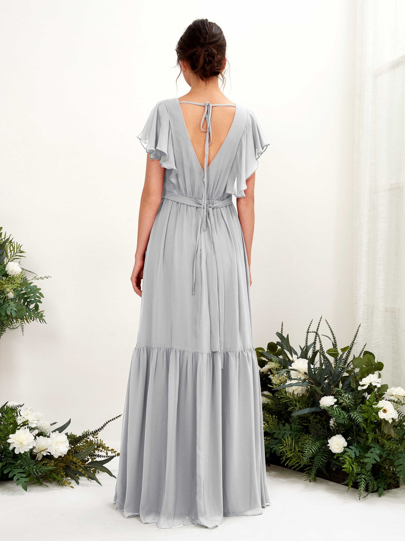 Carlyna Robe trapèze col V manches papillon longueur ras du sol demoiselle d'honneur Argent #couleur_argent
