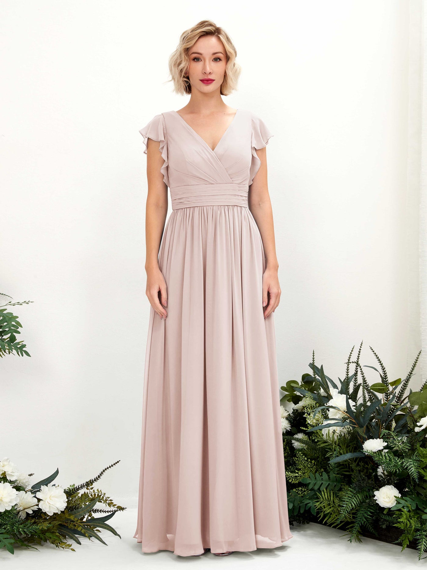 Carlyna Robe Trapèze Col V Manches papillon Longueur ras du sol Demoiselle d'honneur Biscotti #couleur_biscotti