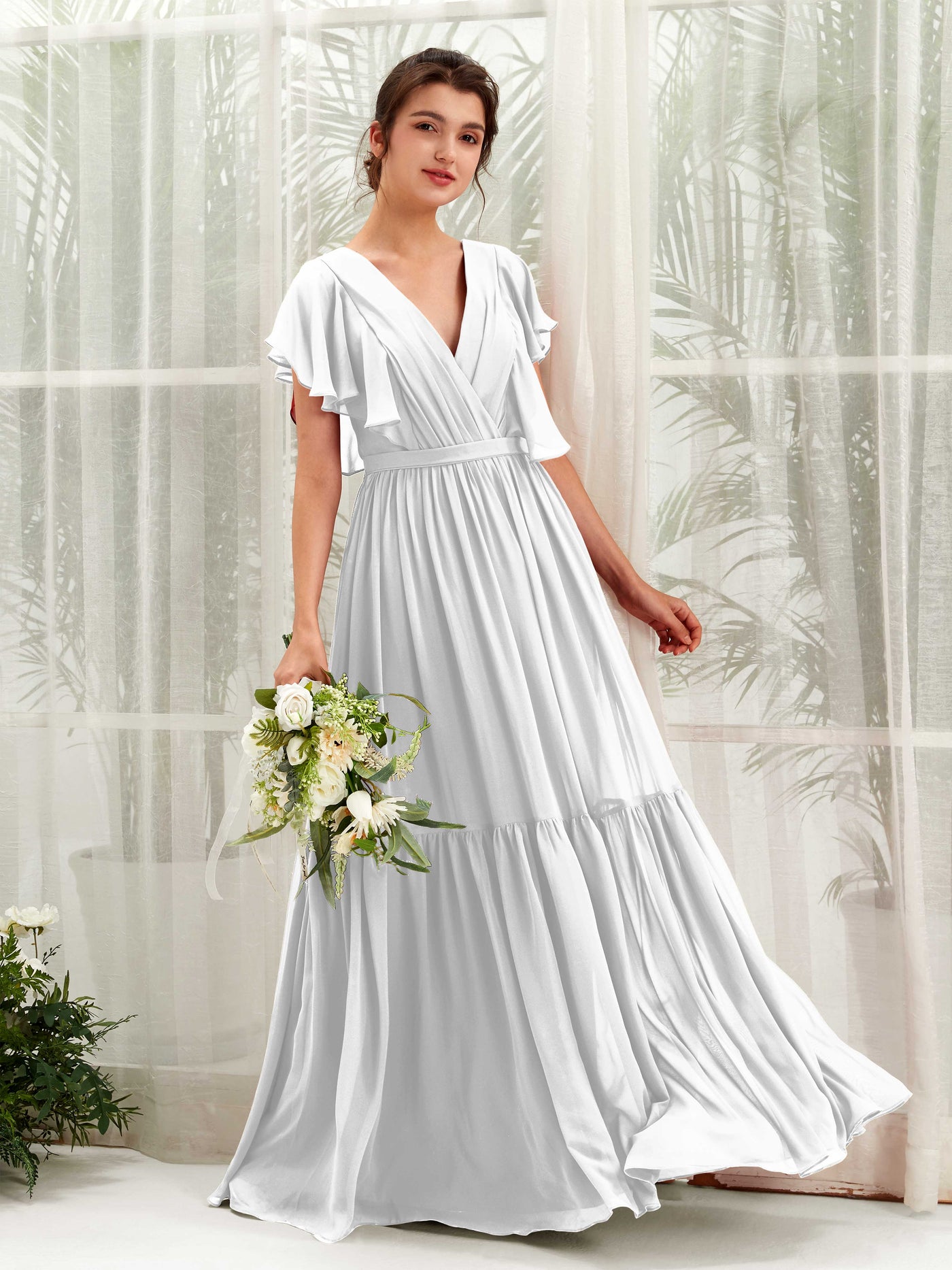 Carlyna Robe trapèze col V manches papillon longueur ras du sol demoiselle d'honneur Blanc #couleur_blanc