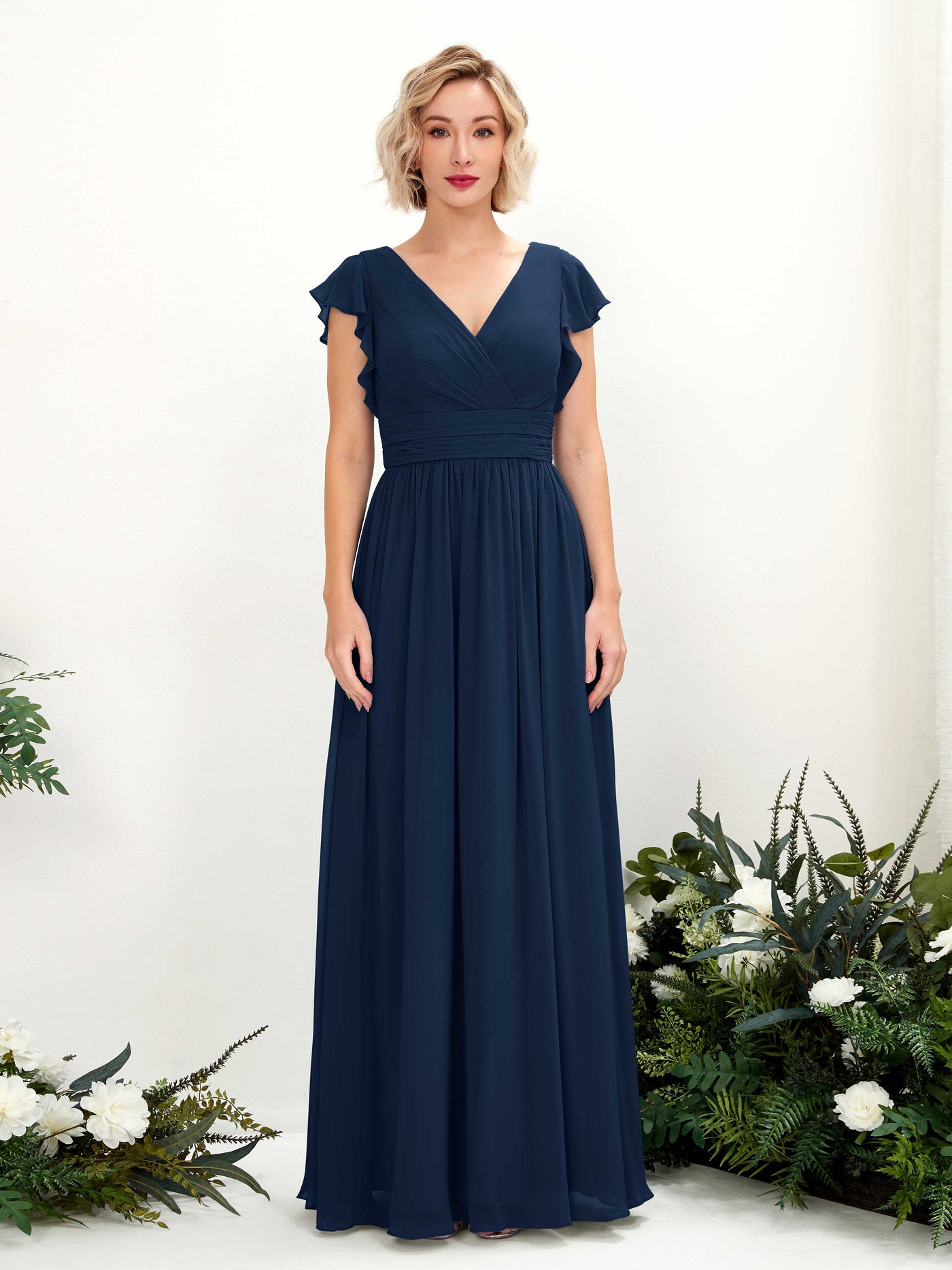 Carlyna Robe Trapèze Col V Manches papillon Longueur ras du sol Demoiselle d'honneur Bleu Marine #couleur_bleu-marine