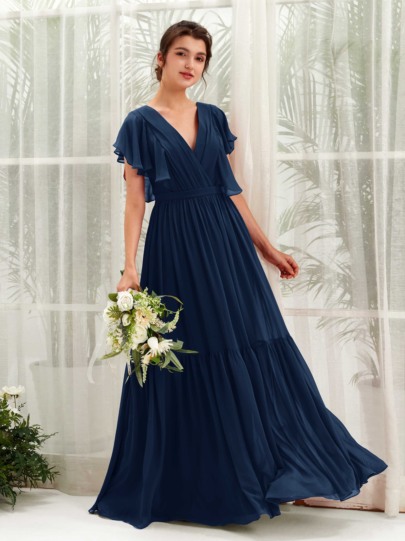 Carlyna Robe trapèze col V manches papillon longueur ras du sol demoiselle d'honneur Bleu Marine #couleur_bleu-marine