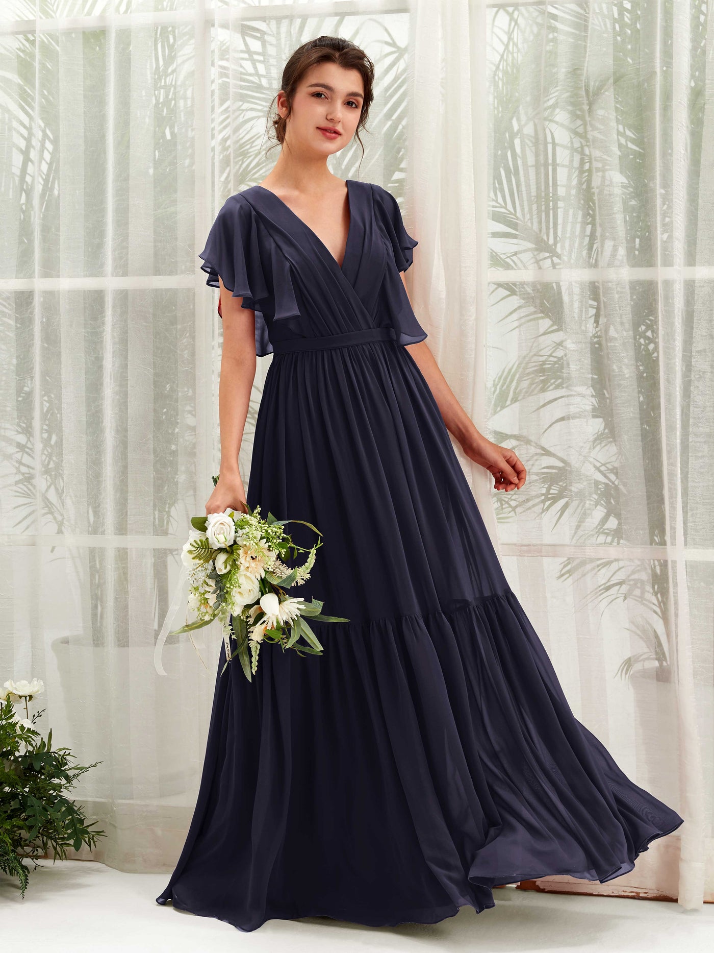 Carlyna Robe trapèze col V manches papillon longueur ras du sol demoiselle d'honneur Bleu Marine Foncé #couleur_bleu-marine-fonc
