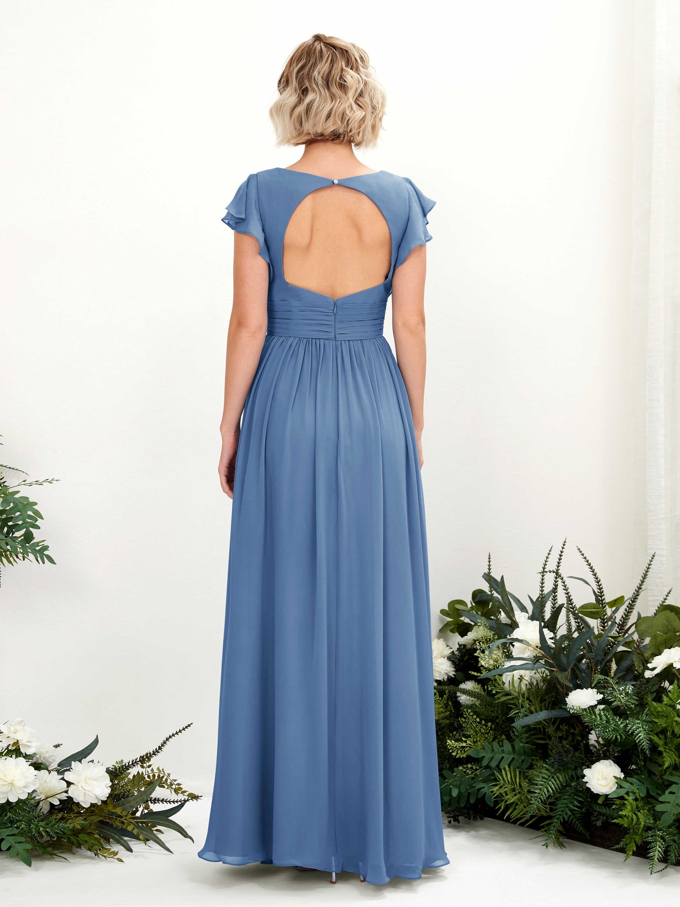 Carlyna Robe Trapèze Col V Manches papillon Longueur ras du sol Demoiselle d'honneur Bleu Poussiéreux #couleur_bleu-poussi-reux