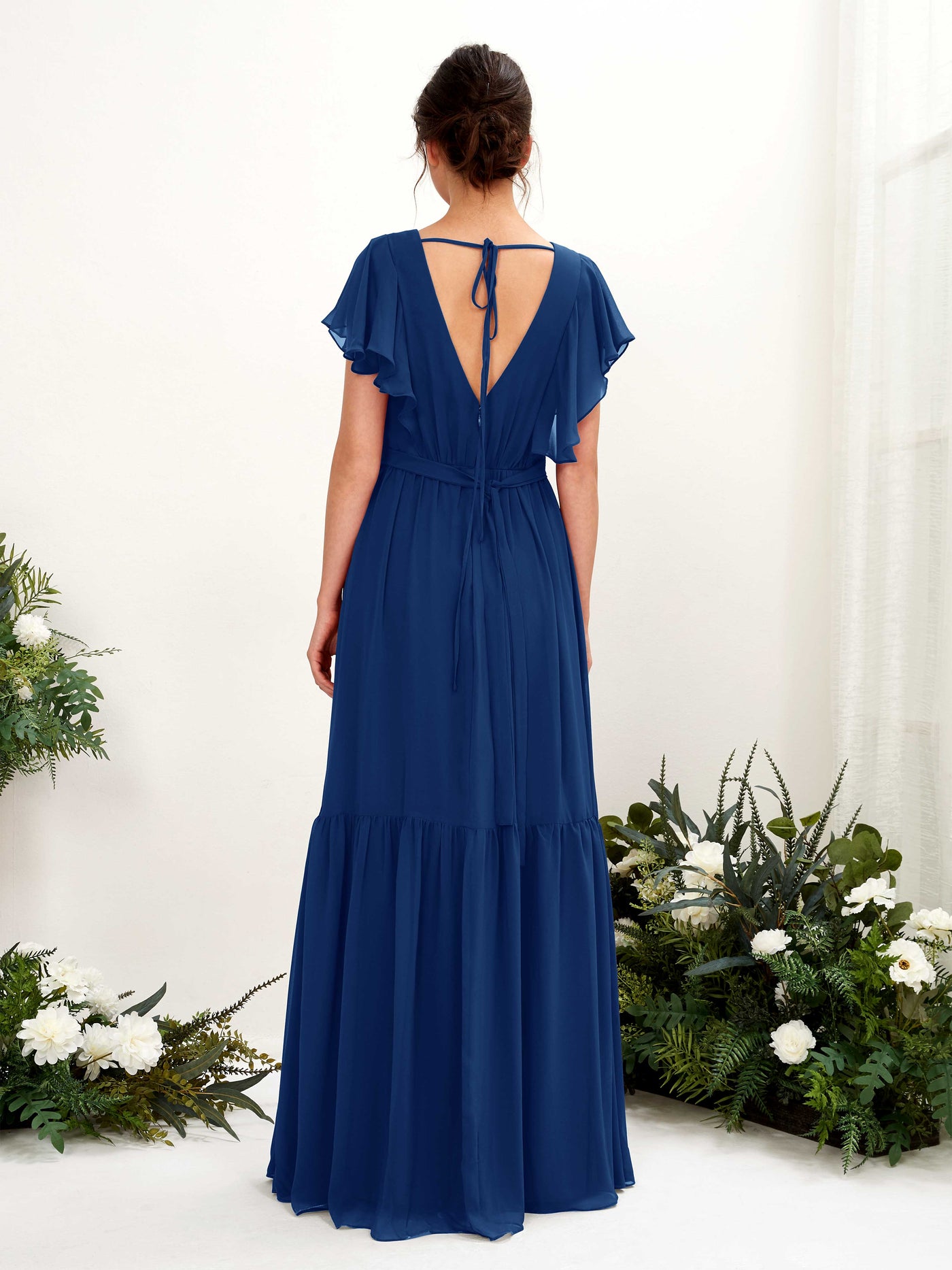 Carlyna Robe trapèze col V manches papillon longueur ras du sol demoiselle d'honneur Bleu Roi #couleur_bleu-roi