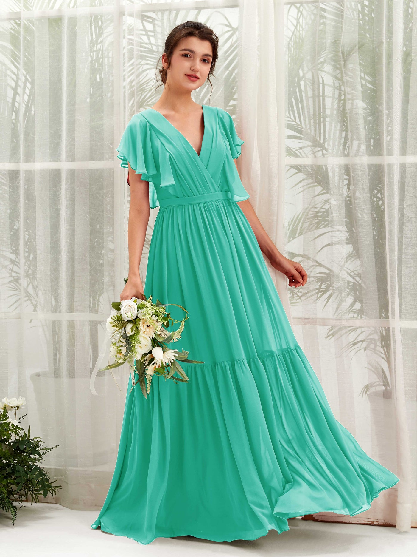 Carlyna Robe trapèze col V manches papillon longueur ras du sol demoiselle d'honneur Bleu Tiffany #couleur_bleu-tiffany