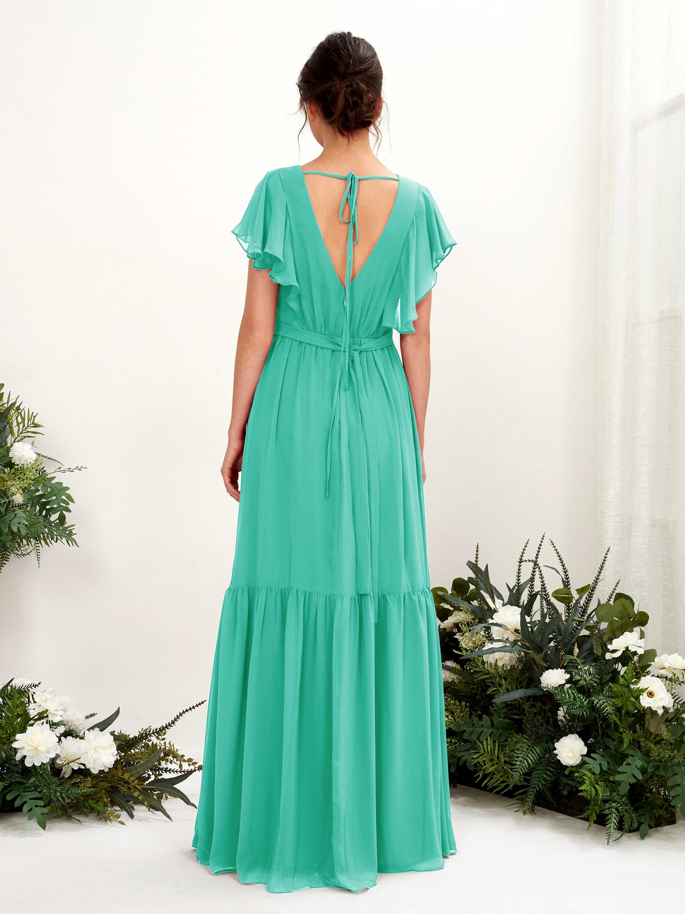 Carlyna Robe trapèze col V manches papillon longueur ras du sol demoiselle d'honneur Bleu Tiffany #couleur_bleu-tiffany