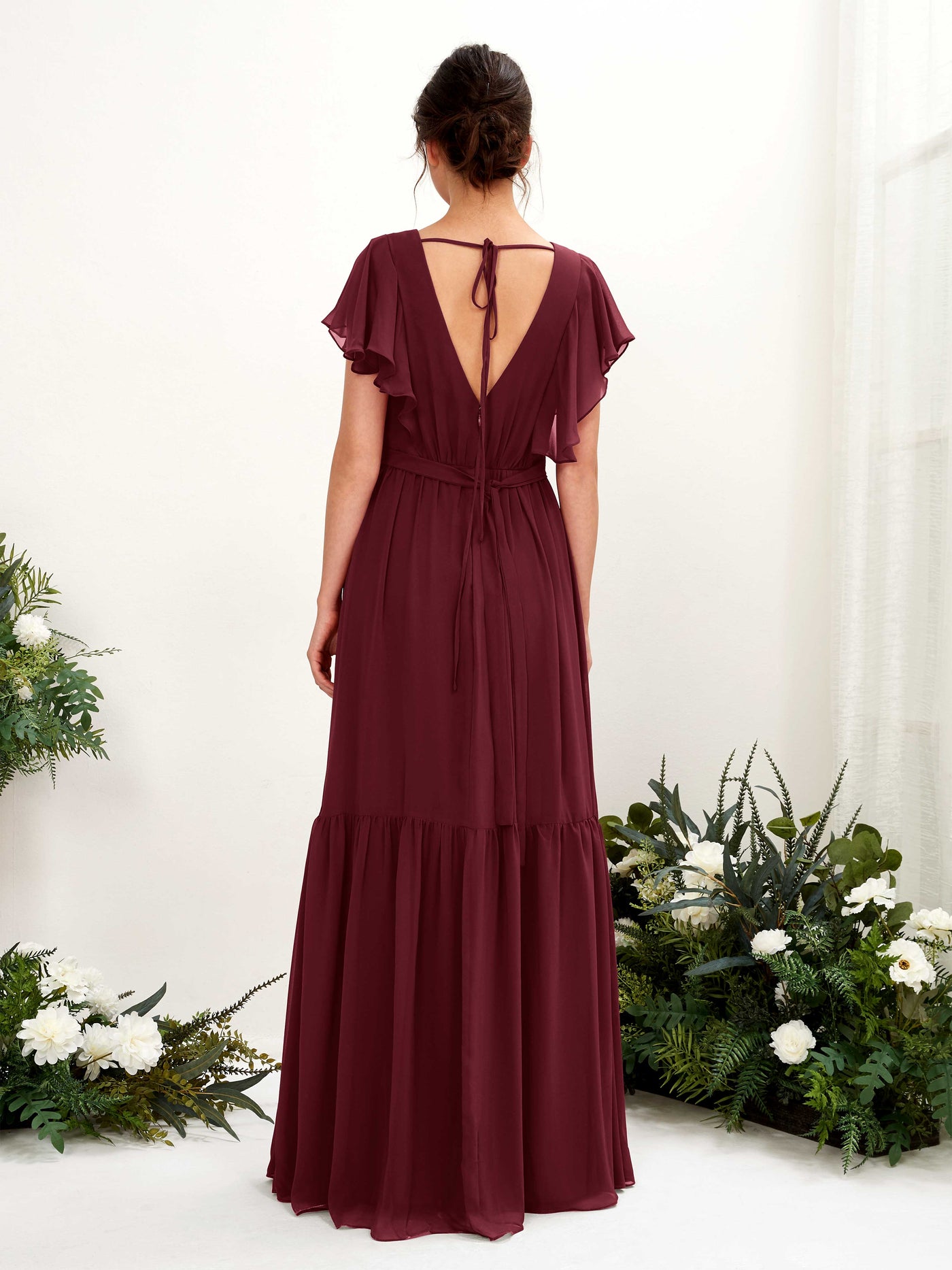Carlyna Robe trapèze col V manches papillon longueur ras du sol demoiselle d'honneur Bordeaux #couleur_bordeaux