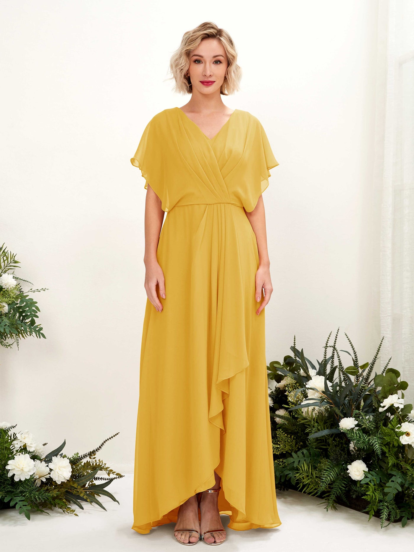 Carlyna Robe Trapèze Col V Manches papillon Longueur ras du sol Demoiselle d'honneur Jaune Moutard #couleur_jaune-moutard